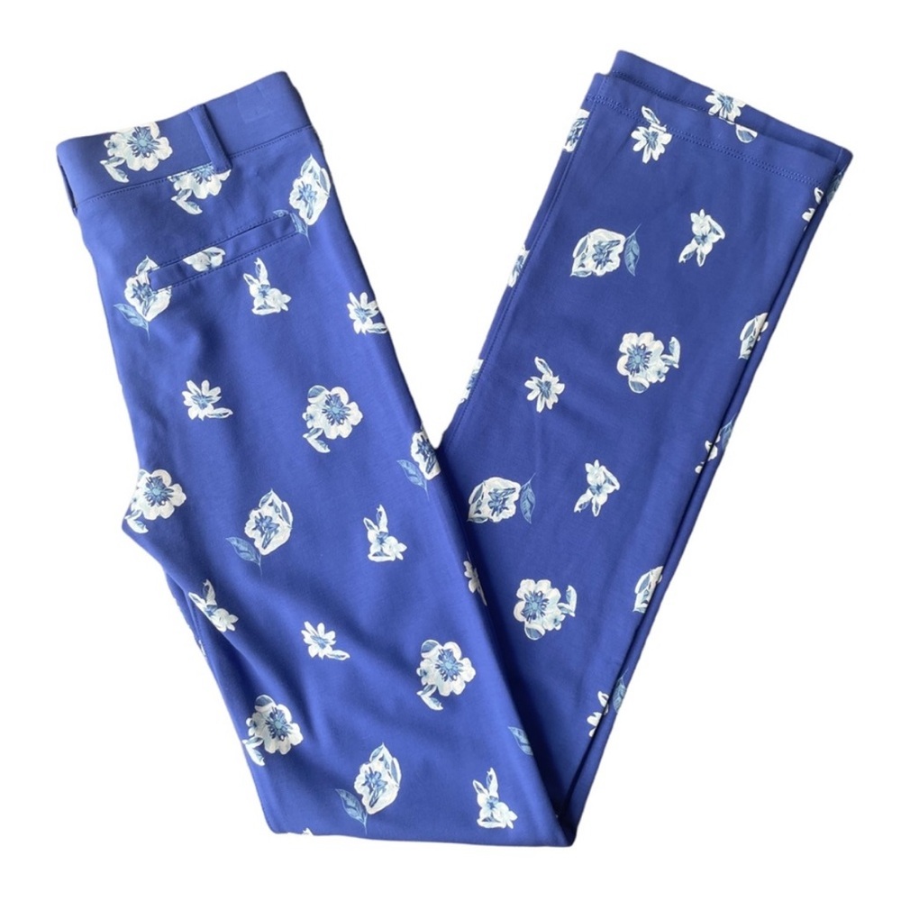 Betabrand Cigarette Dress Yoga Pants Blue Floral Ankle Zippers